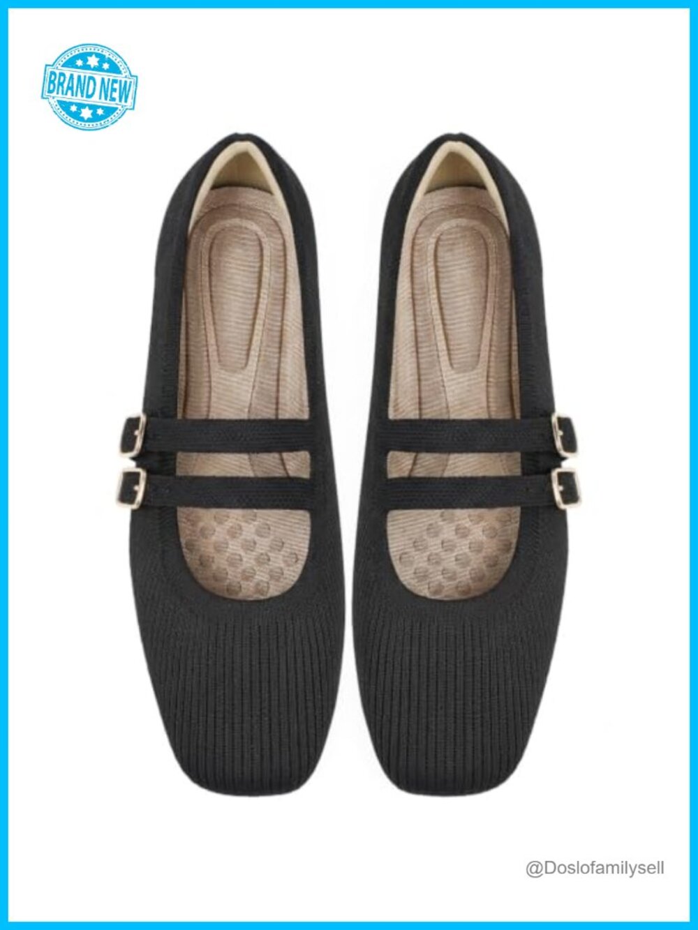 Knit Square Toe Mary Jane Ballet Flats Double Strap Women's Comfort Shoes